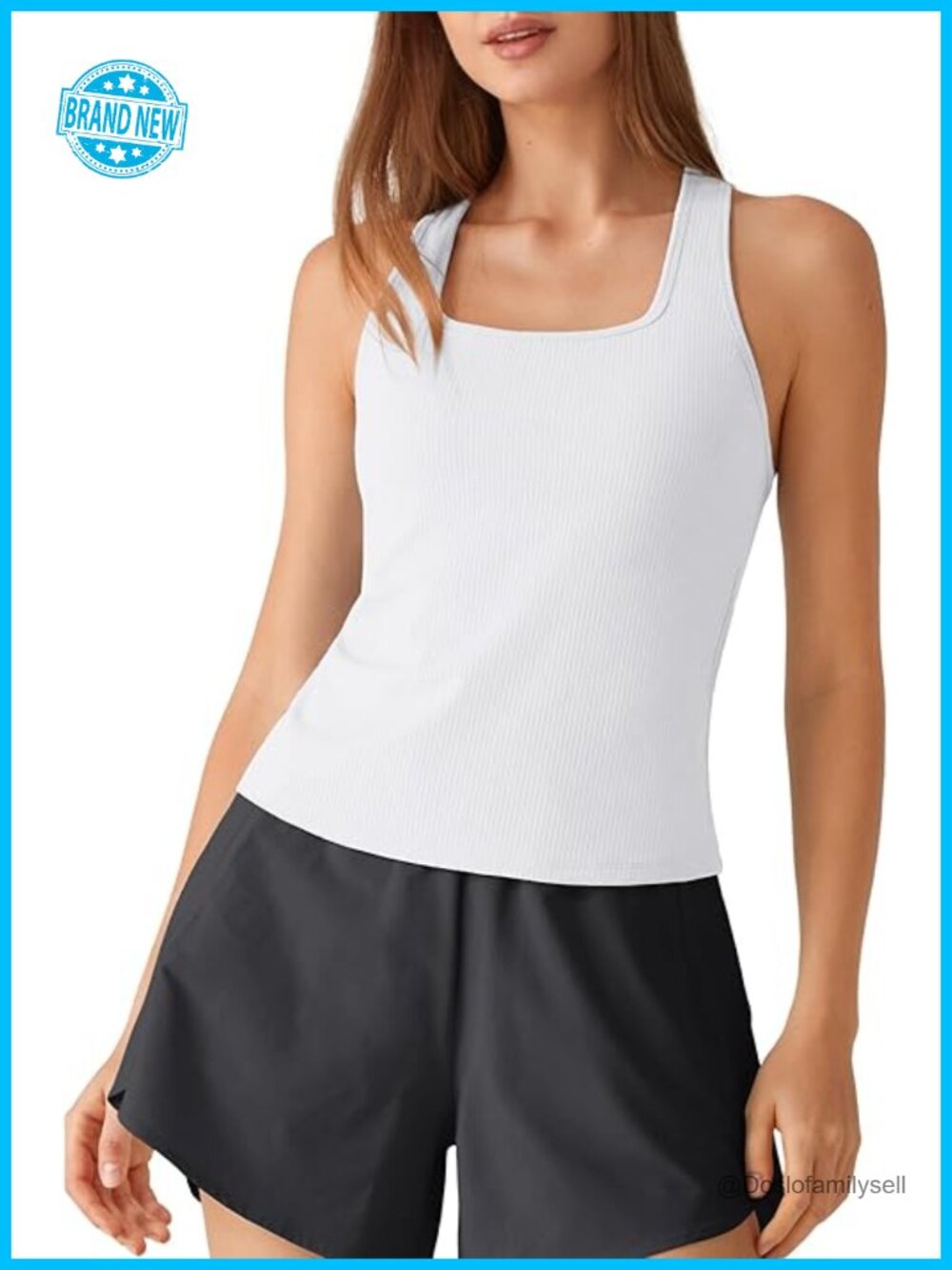 Ribbed Built in Bra Workout Tank Top Racerback Square Neck Yoga Athletic